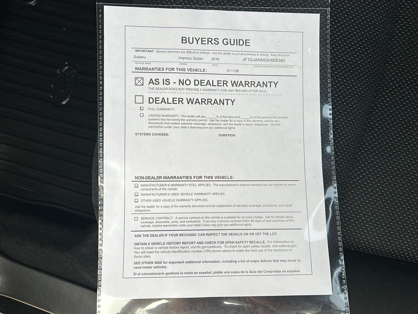 2016 Subaru Impreza Sedan 4dr CVT 2.0i