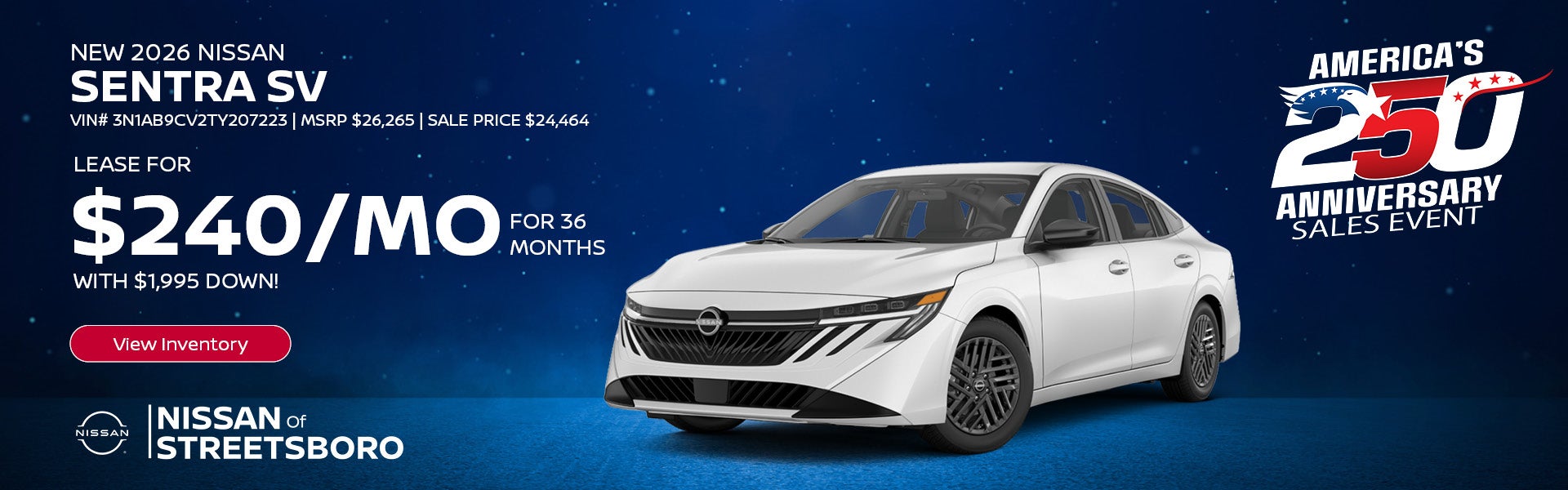 Lease a New 2026 Nissan Sentra SV in Streetsboro, OH