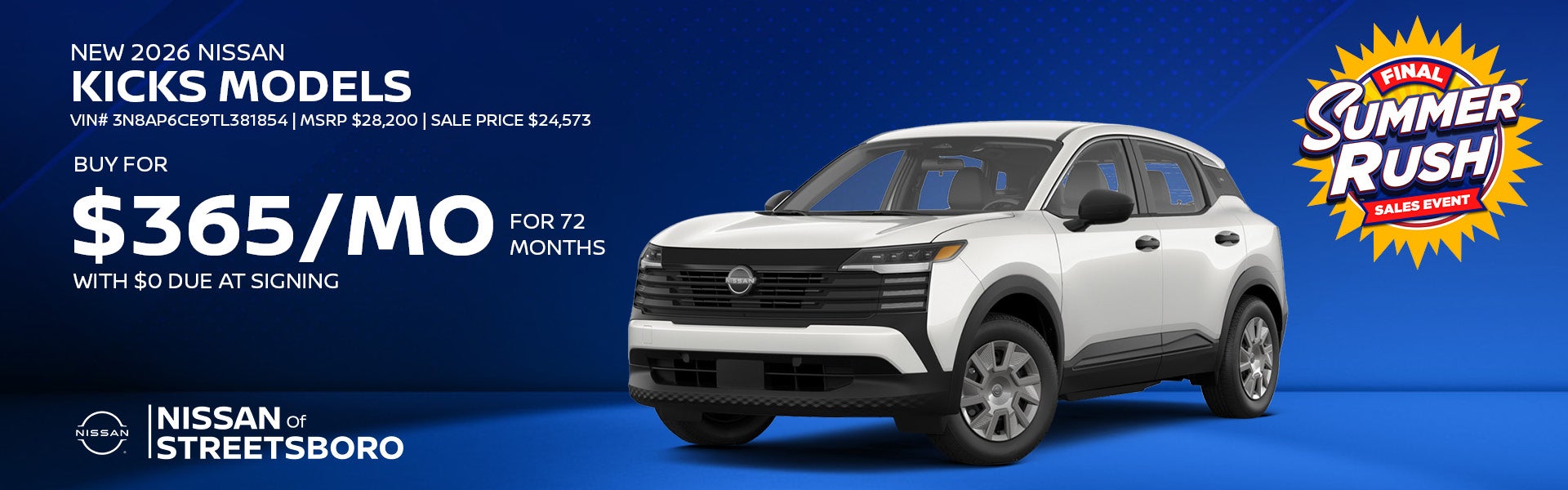 Lease a new 2026 Nissan Kicks for $365/mo